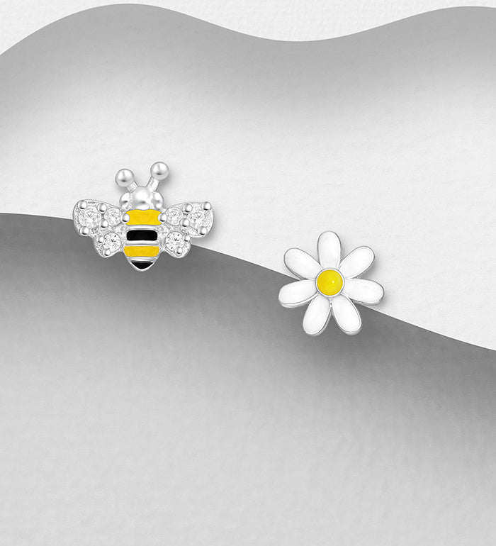925 Sterling Silver Bee & Flower Push-Back Earrings with Colored Enamel & CZ Simulated Diamonds – Nature-Inspired Stud Jewelry
