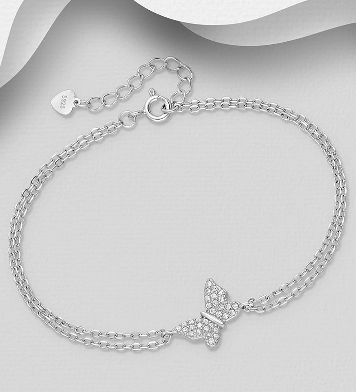 925 Sterling Silver Butterfly Layered Bracelet with CZ Simulated Diamonds – Elegant Jewelry