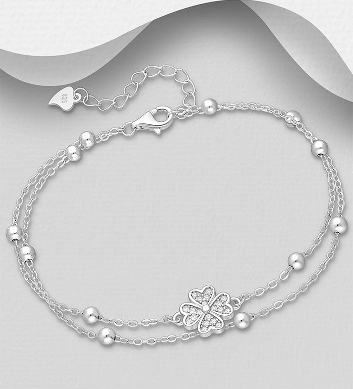 925 Sterling Silver Clover Layered Bracelet with CZ Simulated Diamond – Elegant Jewelry for Women