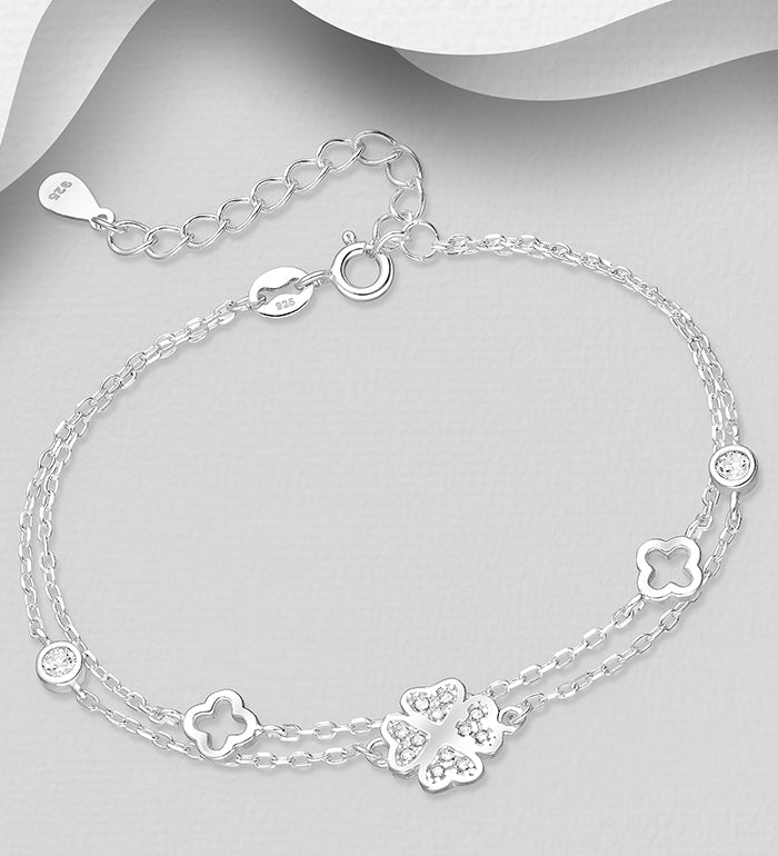 925 Sterling Silver Clover Layered Bracelet with CZ Simulated Diamonds – Elegant Jewelry Gift