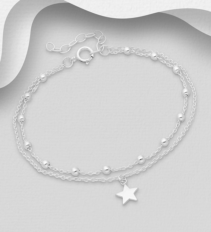 925 Sterling Silver Layered Ball & Star Bracelet – Minimalist Jewelry