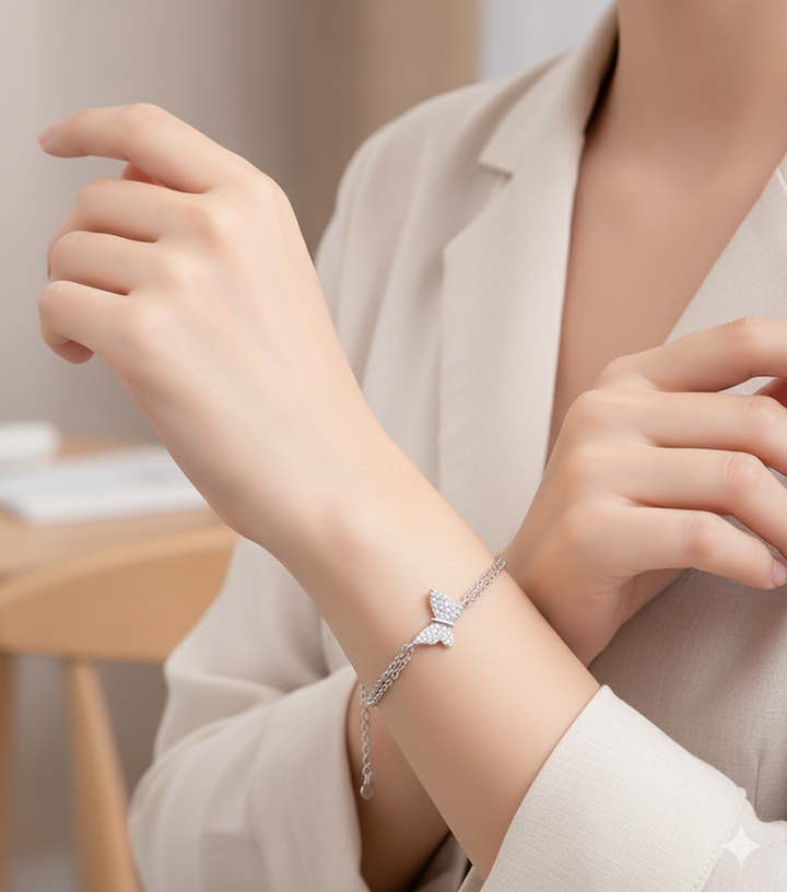 925 Sterling Silver Butterfly Layered Bracelet with CZ Simulated Diamonds – Elegant Jewelry