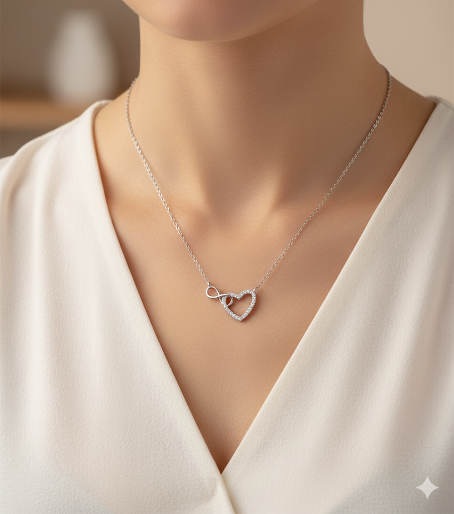 925 Sterling Silver Heart & Infinity Link Necklace with CZ Simulated Diamonds – Symbolic Pendant Jewelry