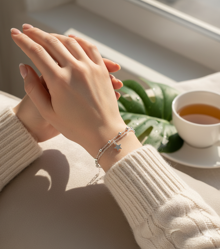 Close-up of hands wearing a bracelet with a cup of tea and green plant in the background