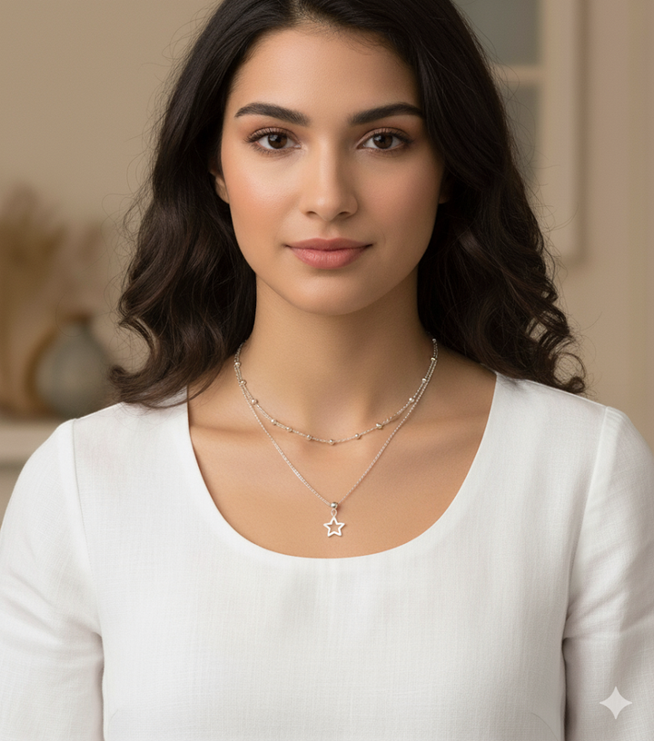 925 Sterling Silver Star & Ball Layered Necklace – Minimalist Silver Jewelry